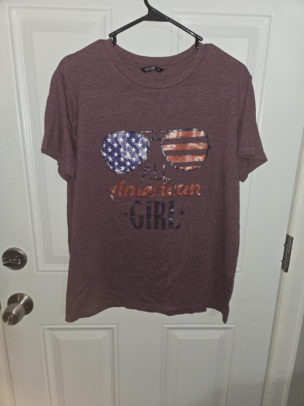 SHEIN Maroon 'All American Girl' Graphic Tee with Flag Sunglasses